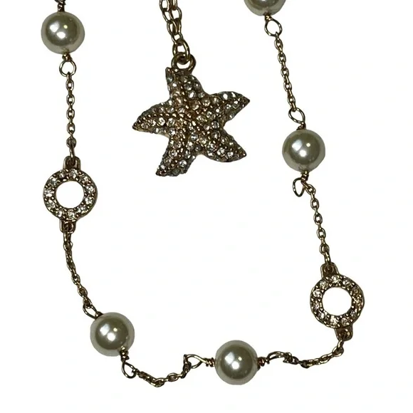 J Crew Gold Necklaces Starfish Chain Rhinestone Pearls Lot of 2 - Picture 3 of 8